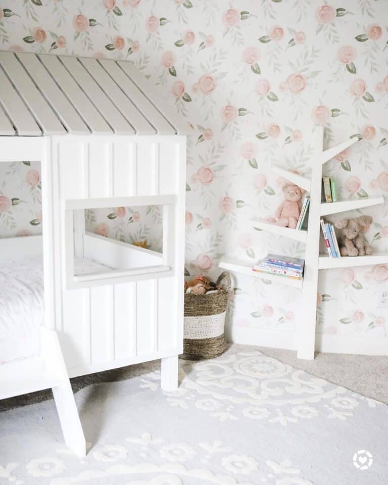 White Tree Shelf and Pink Floral Wallpaper
