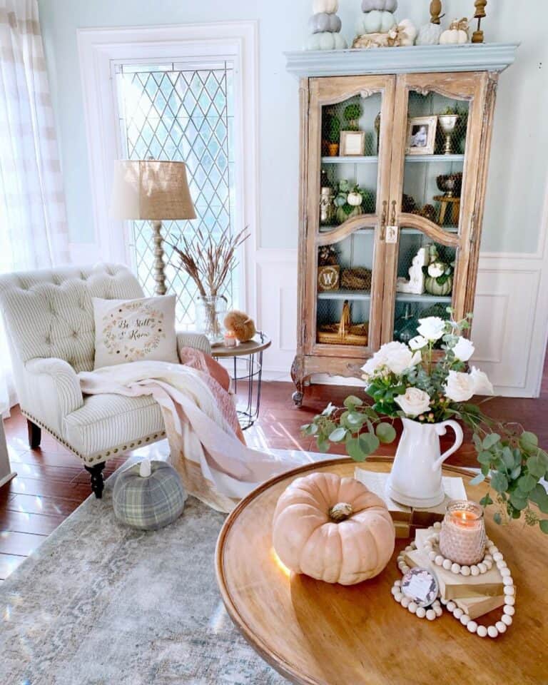 White Tufted Chair with Wood Coffee Table