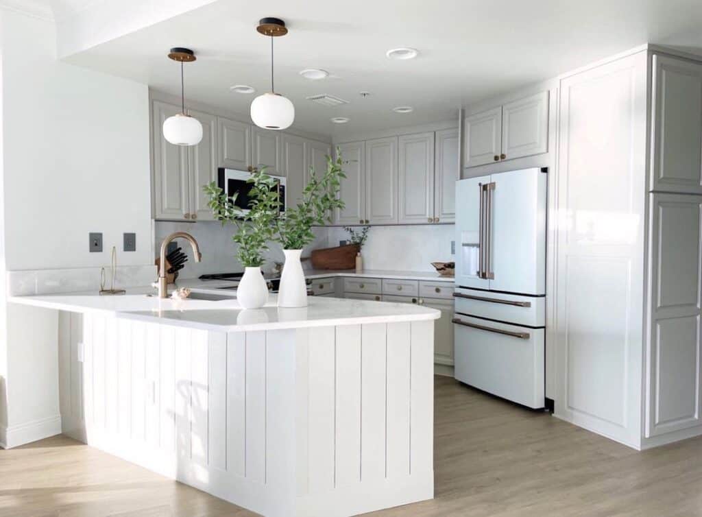 White Vertical Shiplap Kitchen Peninsula