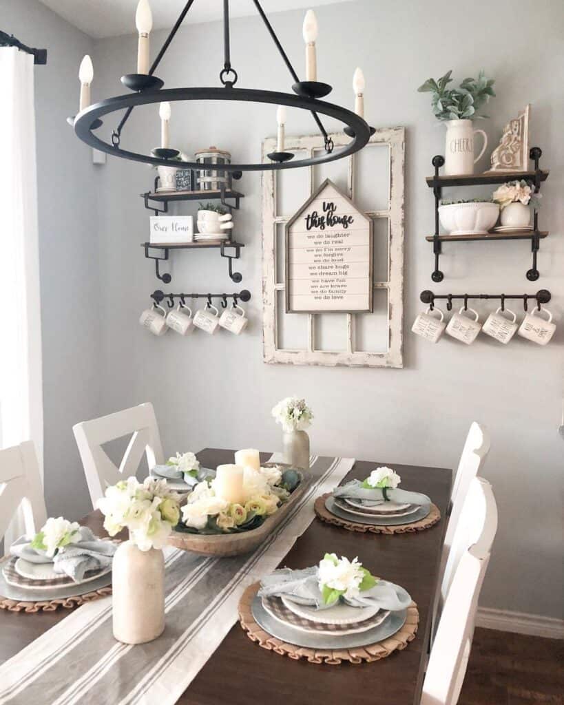 White Window Pane Wall Decor and a Black Wagon Wheel Chandelier