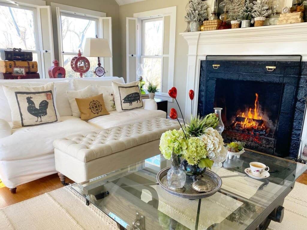 White and Beige Farmhouse Living Room
