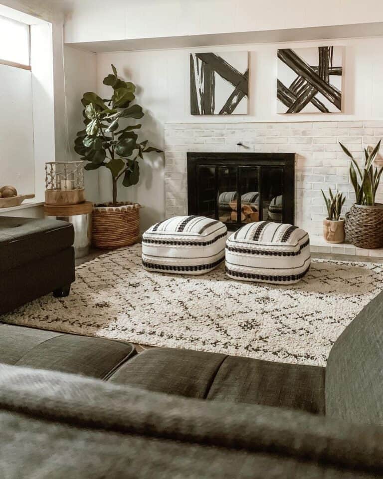 White and Black Poufs for Fireplace