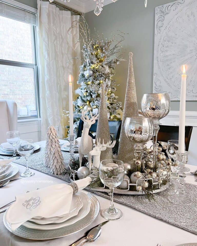 White and Silver Christmas Centerpiece in Netural Dining Room