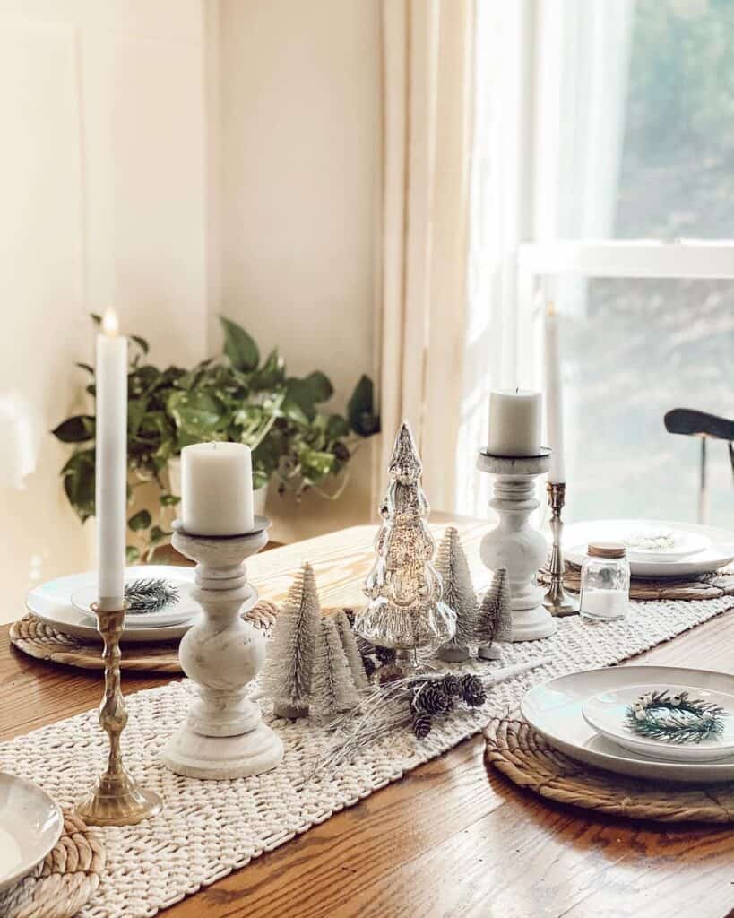 White and Silver Christmas Centerpiece on Wood Dining Table