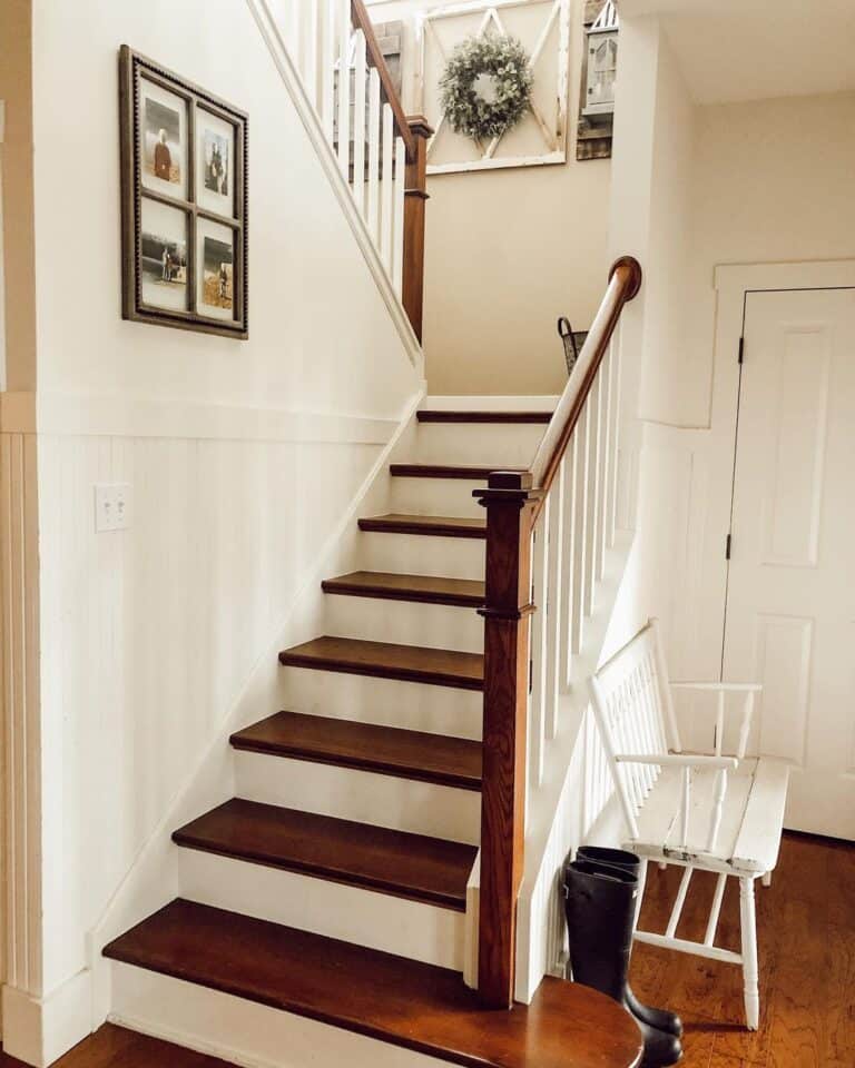 White and Wood Stairs with Vintage Bench