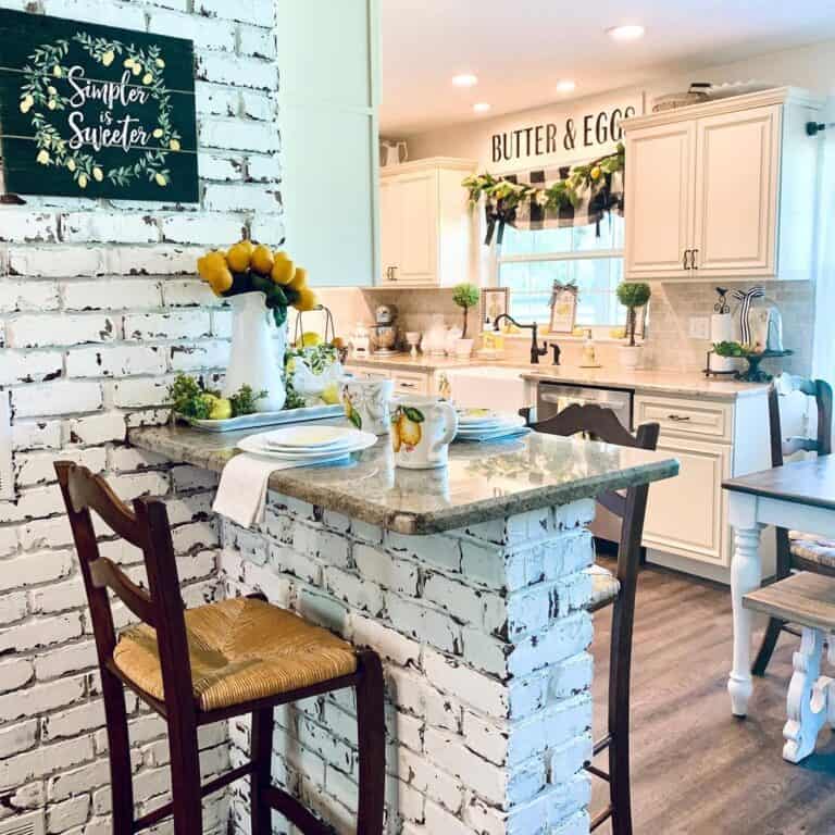Whitewashed Stone Accent Wall in Kitchen