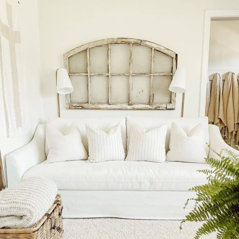 Window Frame Wall Décor Above Farmhouse Sofa