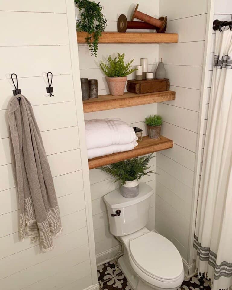 Wood Bathroom Shelves Installed on Recessed Wall