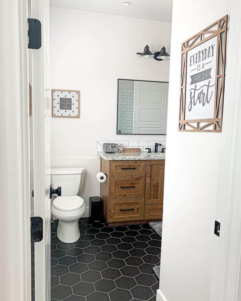 Wood Bathroom Signs Compliment White Walls