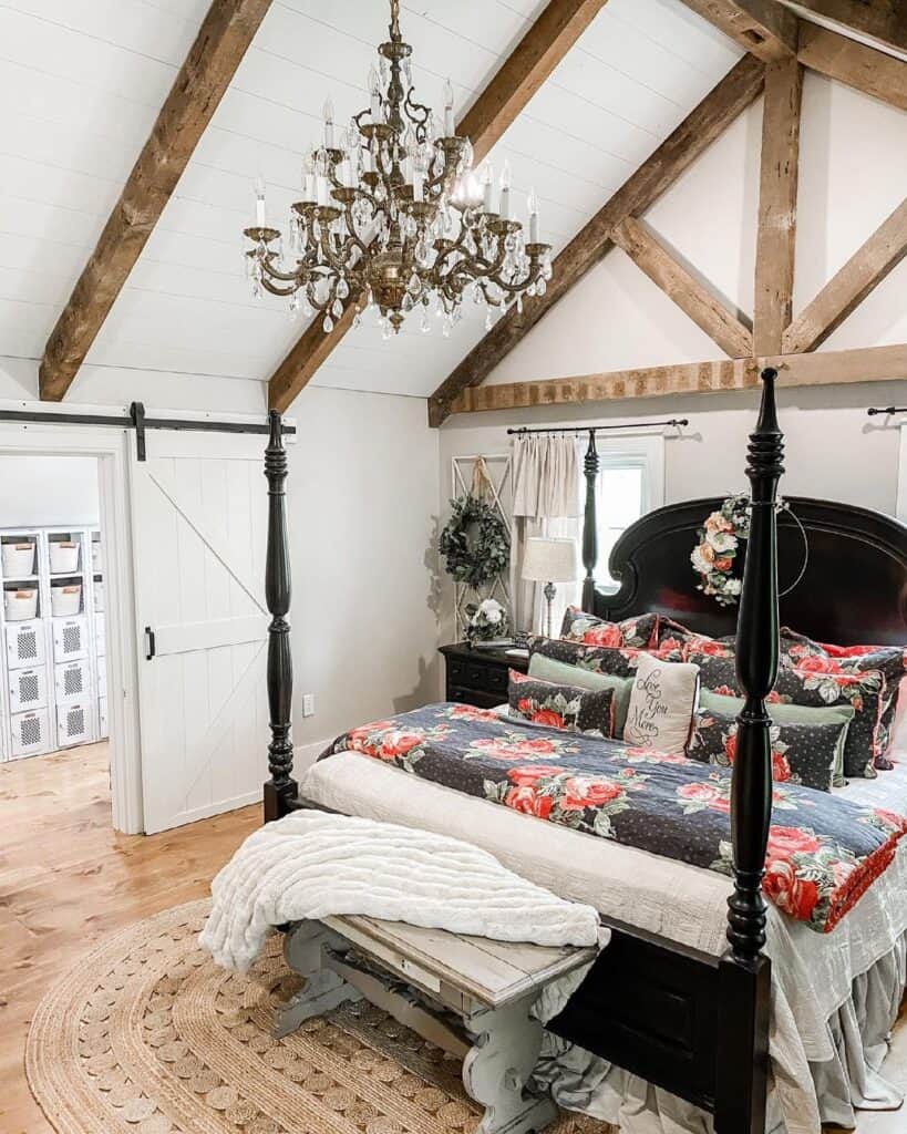 Wood Ceiling Beams and Floral Bedding