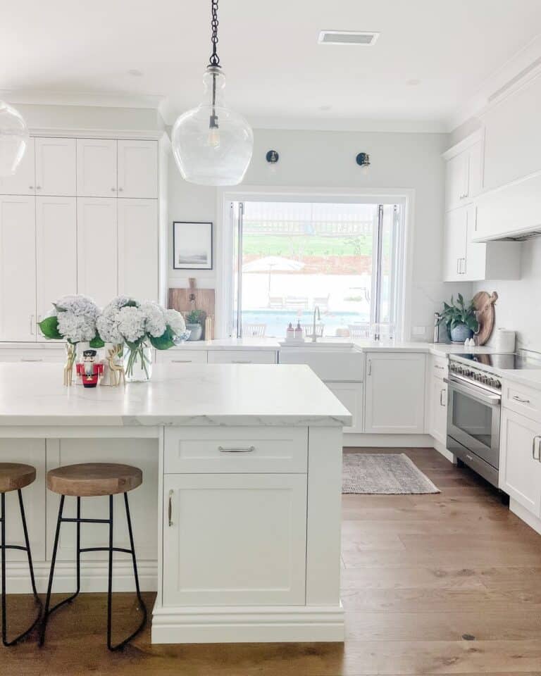 Wood Flooring Hosts White Kitchen Island