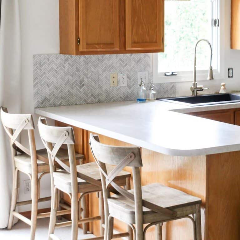 Wood Kitchen Peninsula with White Countertop