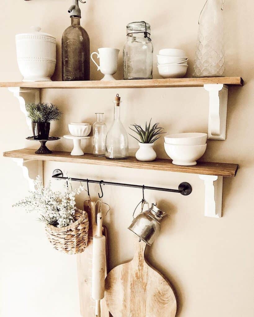 Wood Kitchen Shelves with White Corbels