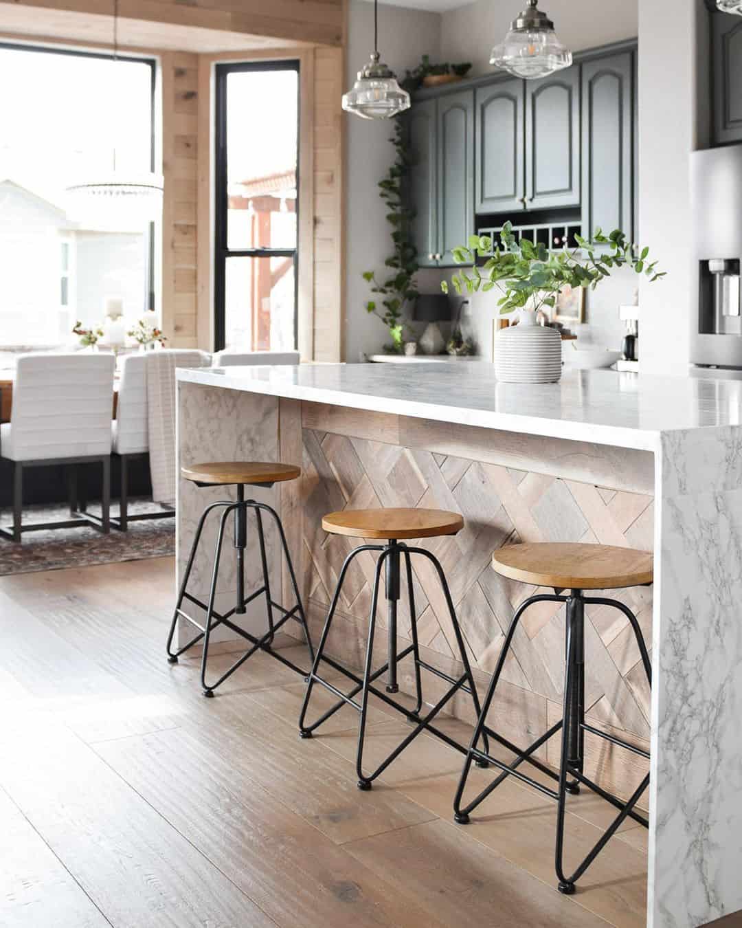 Wood Lattice Island with Marbled White Countertop Soul & Lane