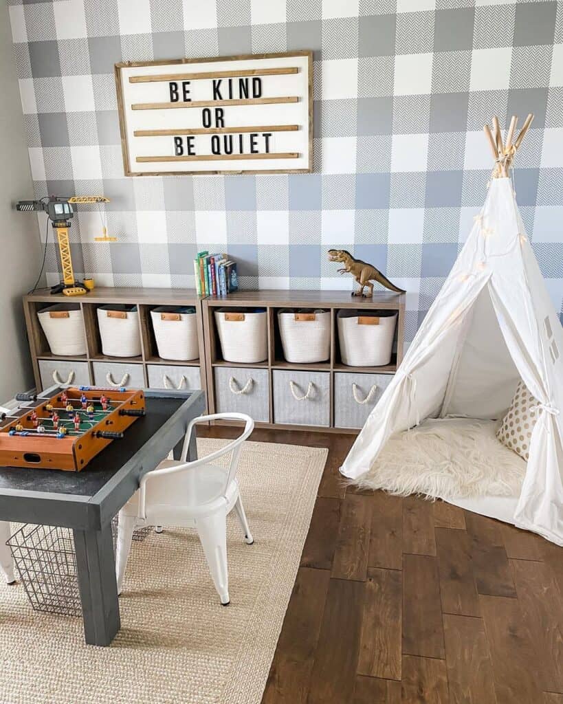 Wood Playroom Storage Unit Holding White and Gray Containers