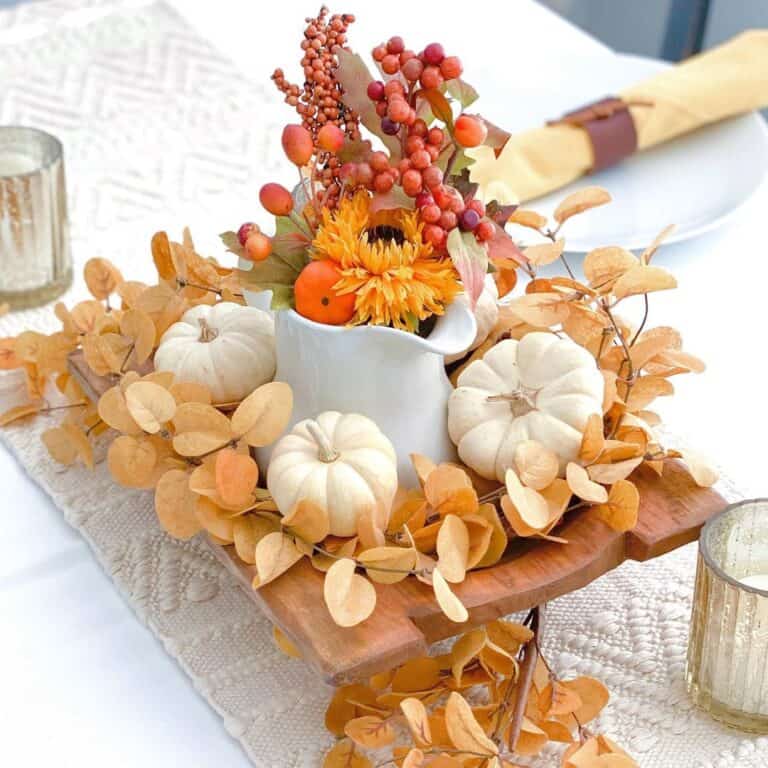 Wood Tray Centerpiece with Dried Leaves