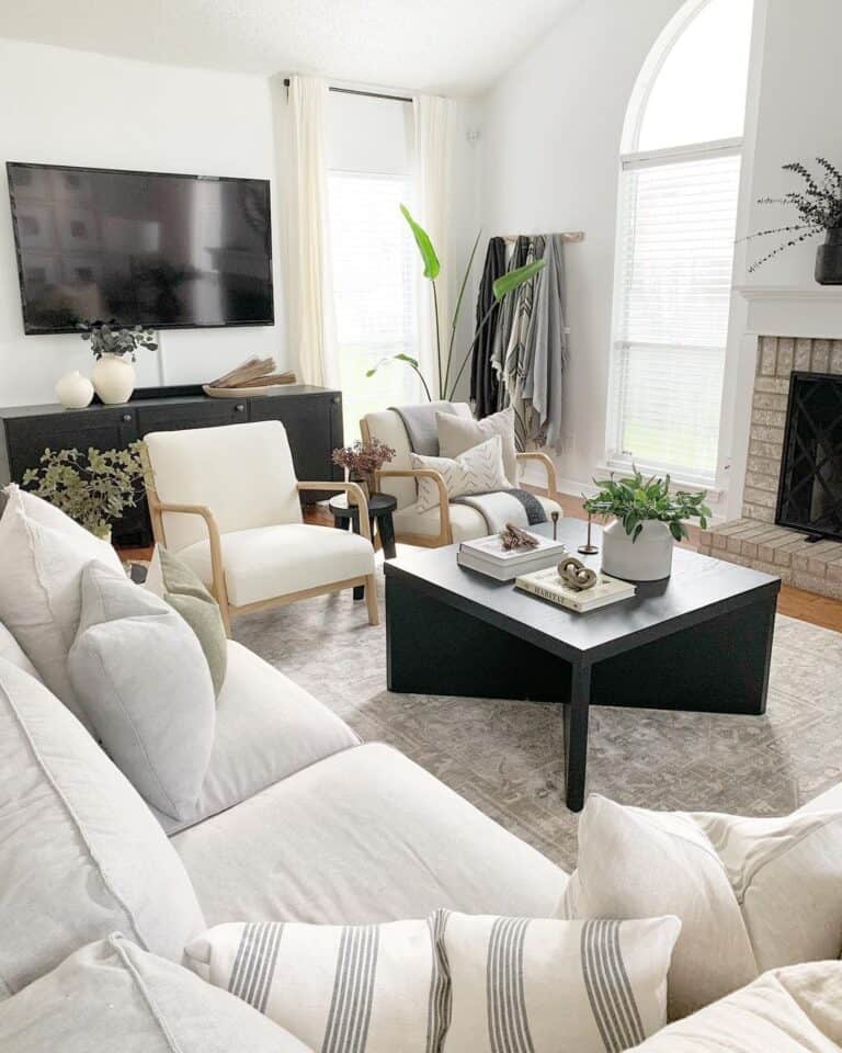 Wood and Beige Accent Chairs with Modern Black Coffee Table