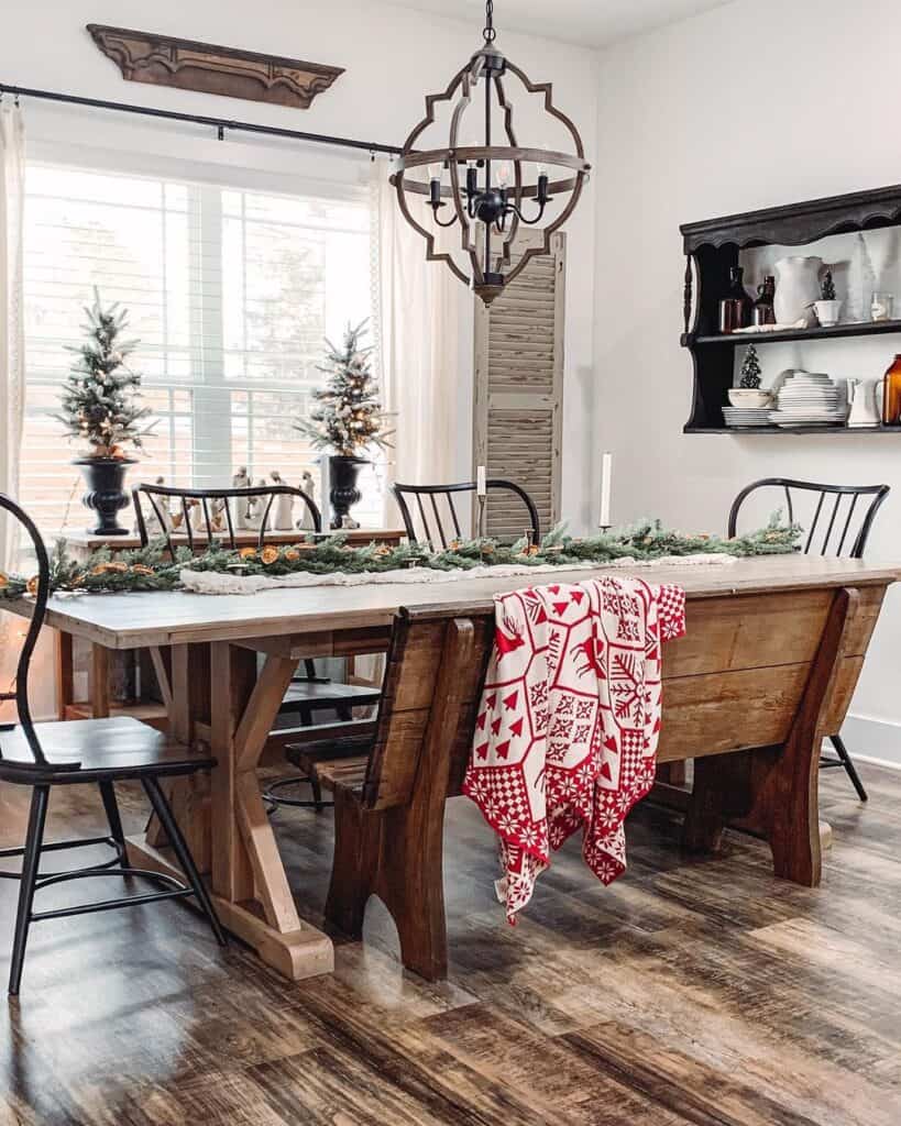 Wooden Bench and Table with Chandelier