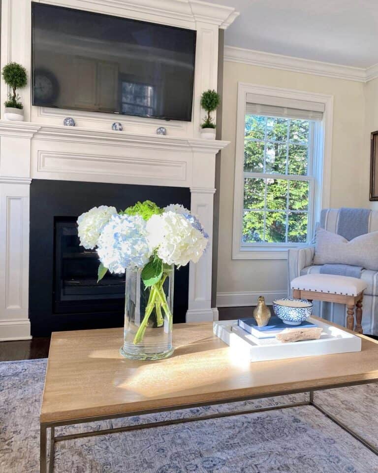 Wooden Coffee Table with Fresh Hydrangeas