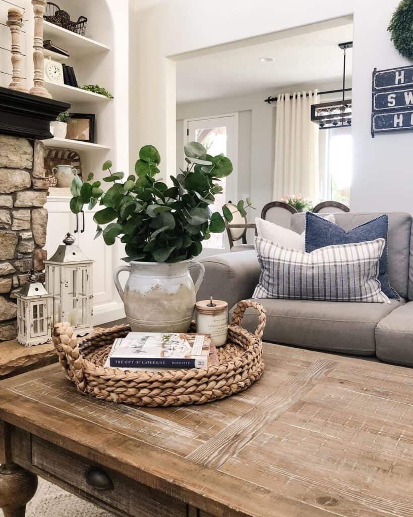 Wooden Farmhouse Coffee Table with Grey Couch