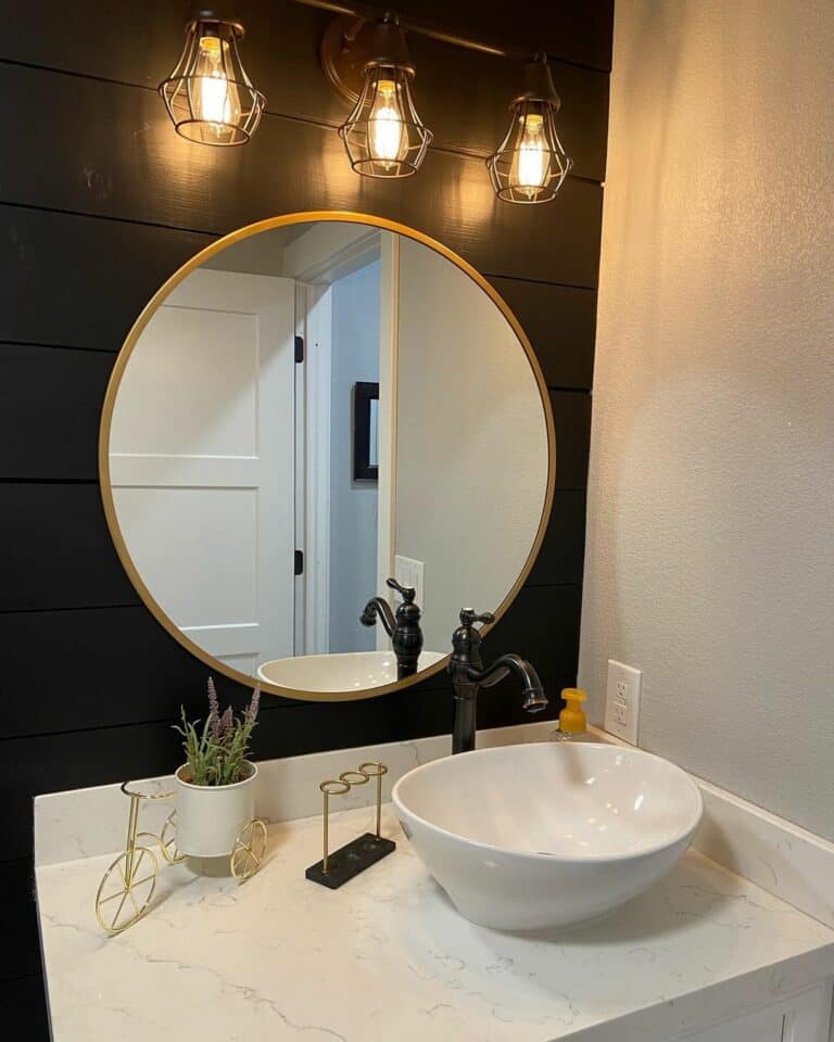 A Gold Tricycle Planter in a Black Shiplap Bathroom Wall