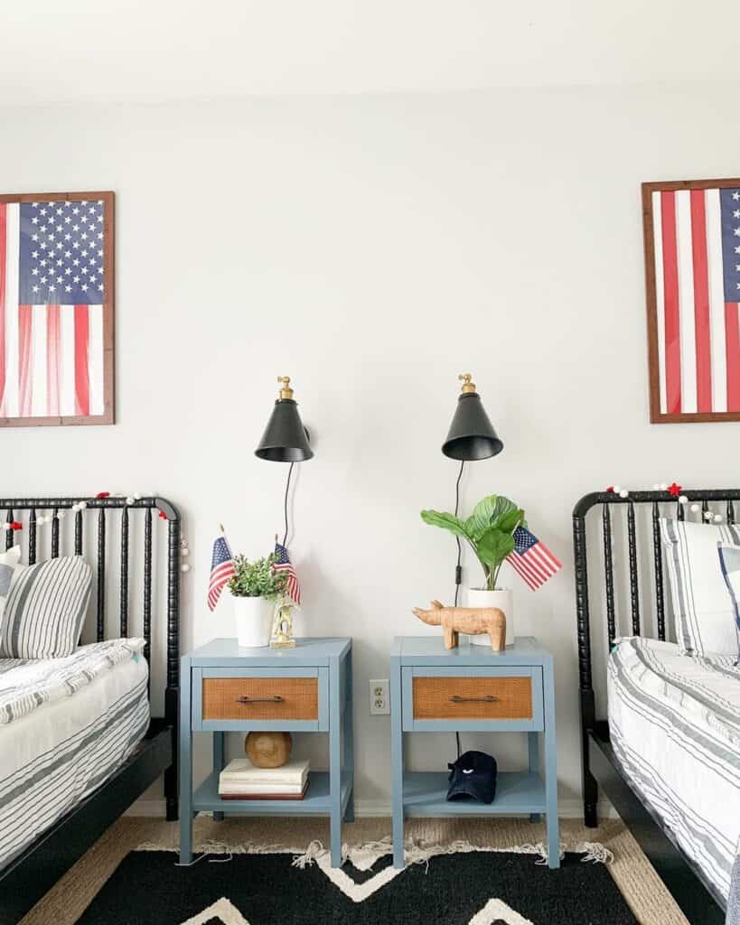 American Flags on Identical Blue Nightstands