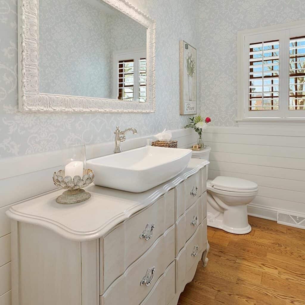 Antique White Powder Room Vanity with Sink
