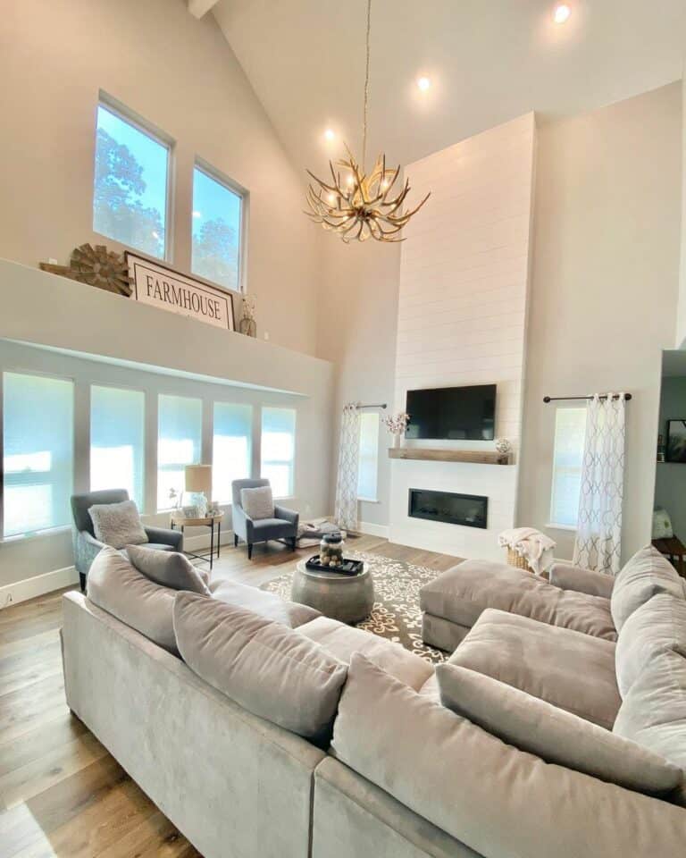 Antler Chandelier with Shiplap Fireplace
