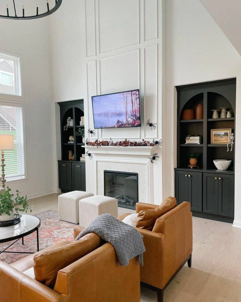 Arched Black Built-Ins with Leather Accents