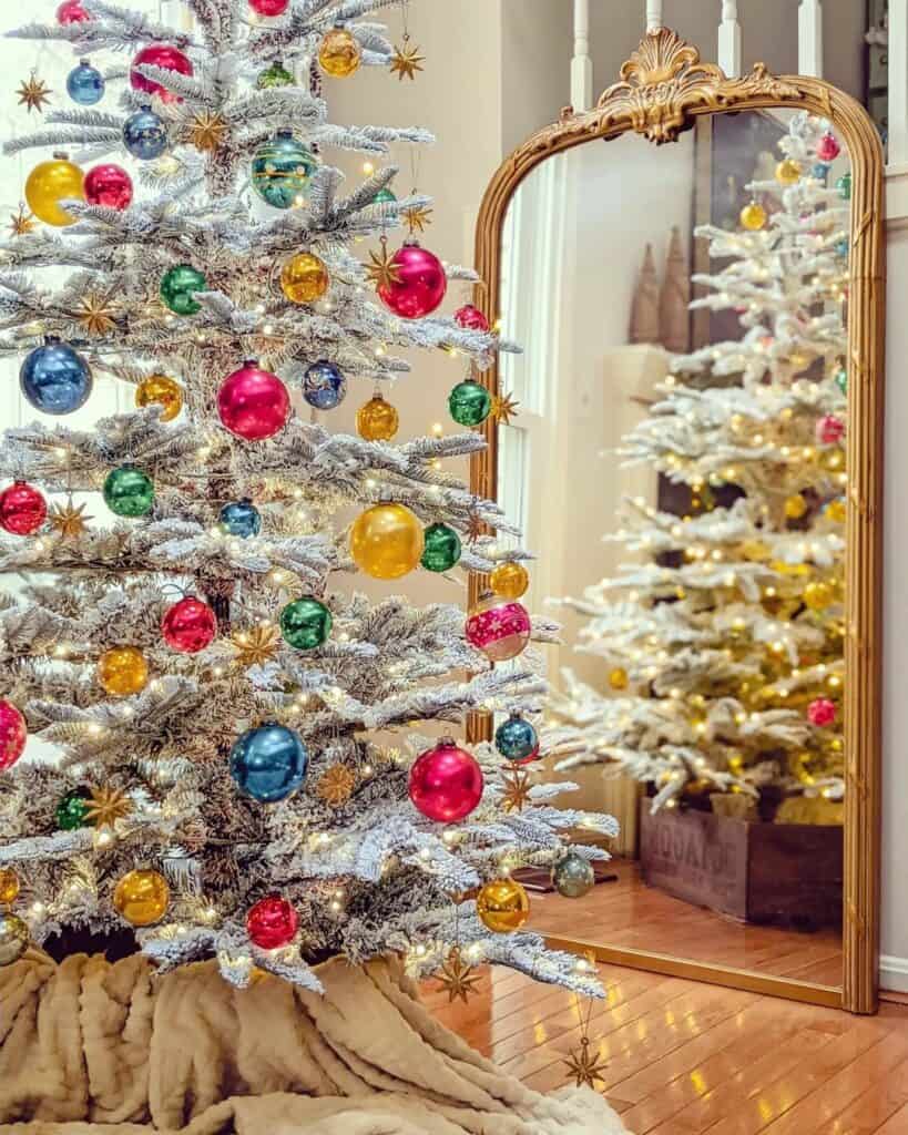 Arched Mirror and Colorful Christmas Tree Ornaments