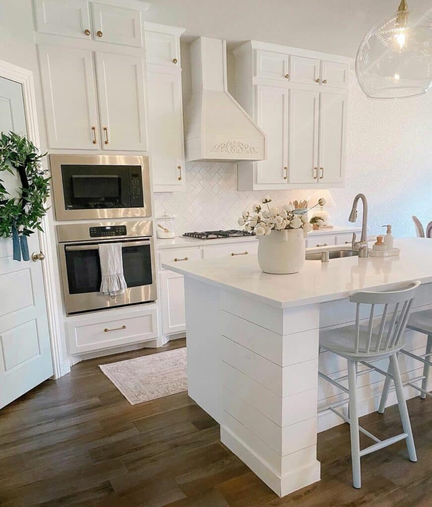 Ash Blue Chairs in All White Kitchen