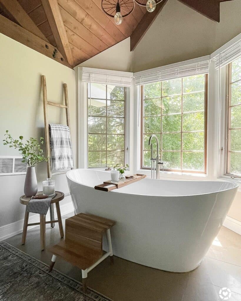 Bathroom Bay Window with Vaulted Wood Ceiling