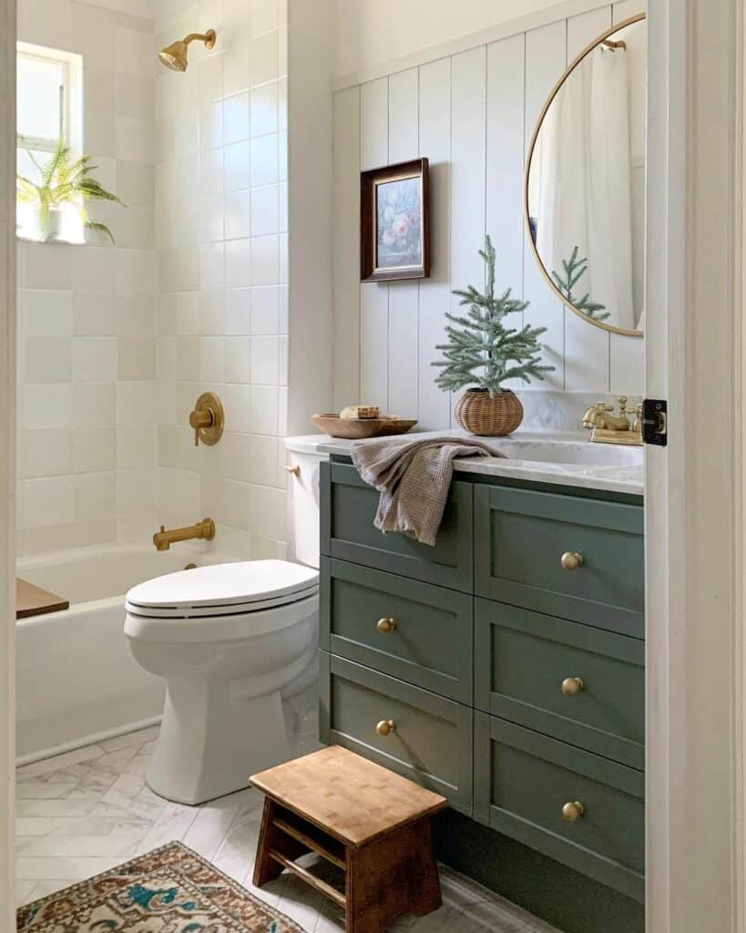 Bathroom with Light Gray Vertical Shiplap Backsplash