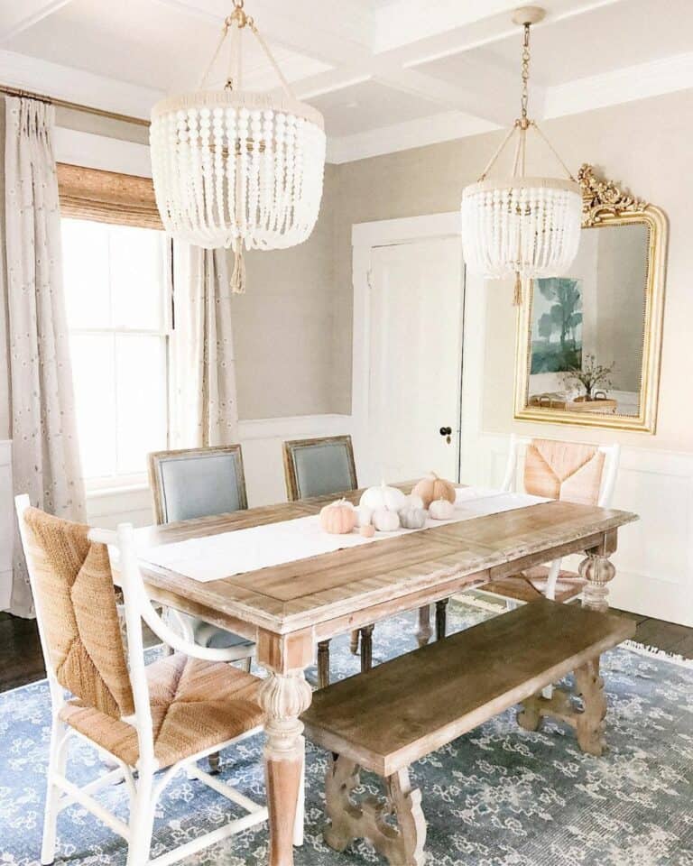 Beaded Chandeliers and a Wooden Bench