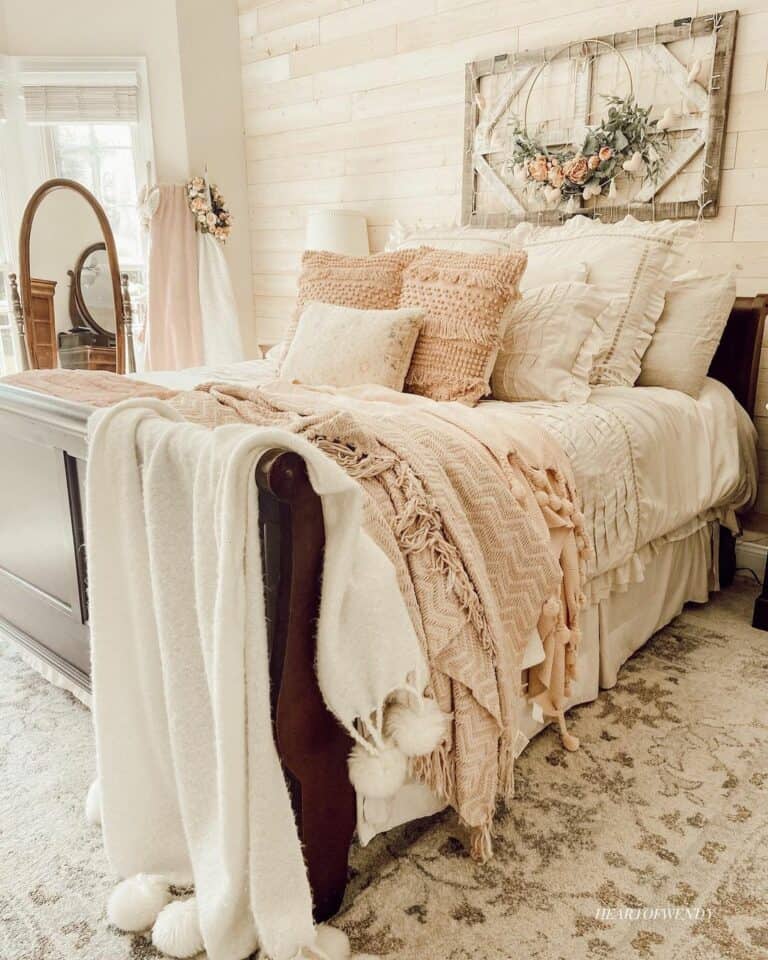 Bed with White and Pink Bedding