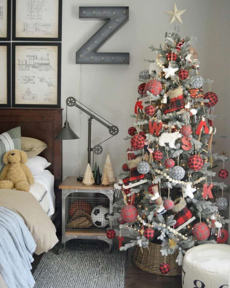 Bedroom with Red and Black Buffalo Check Christmas Tree