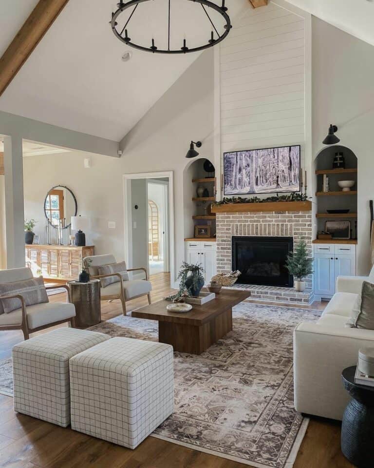 Beige Living Room with Checked Poufs