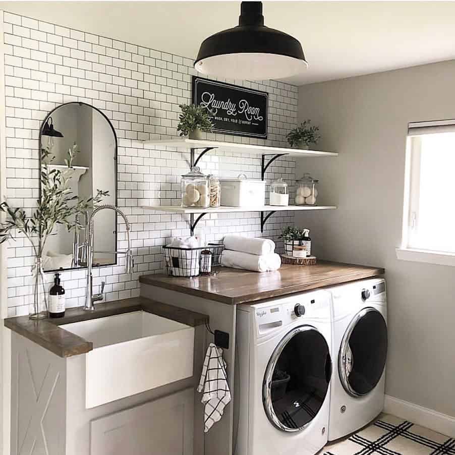 Beige and Black Rug for Laundry Folding Station