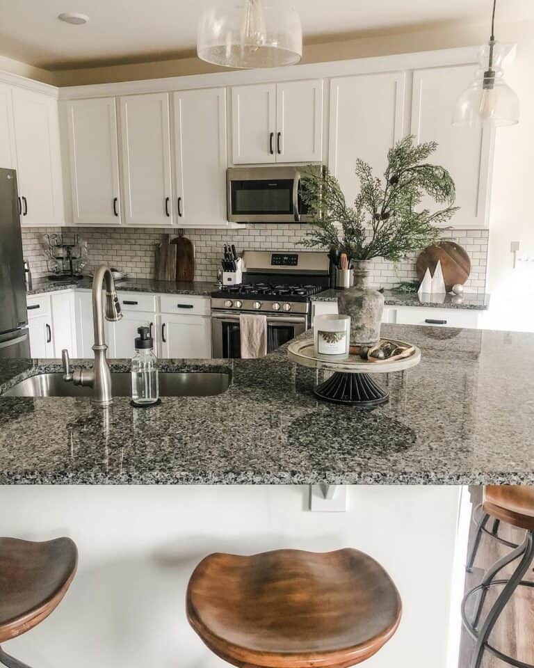 Beige and Gray Kitchen with an Angled Island