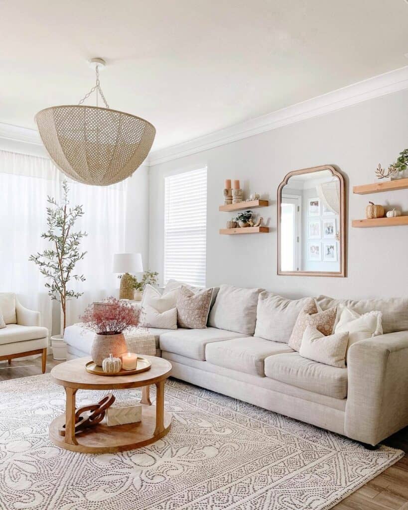 Beige and Gray Living Room with a Chandelier