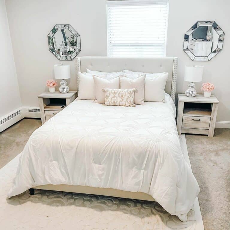Beveled Octagon Mirrors Over Wood Nightstands