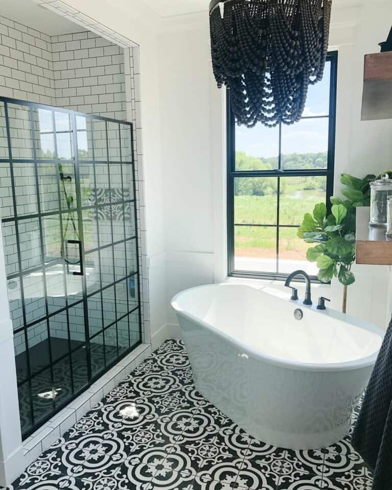 Black Bathroom Window and Coordinating Shower Door