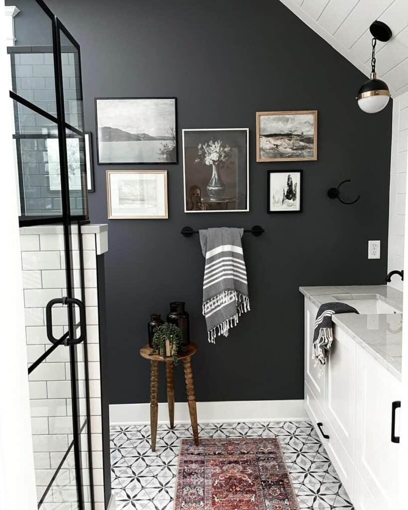 Black Bathroom with Gallery Wall