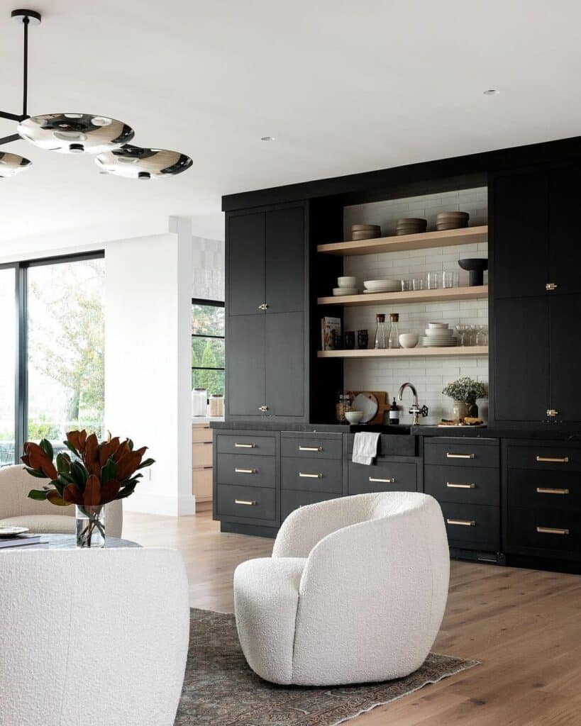 Black Cabinetry with Flat Panel Doors and Gold Hardware