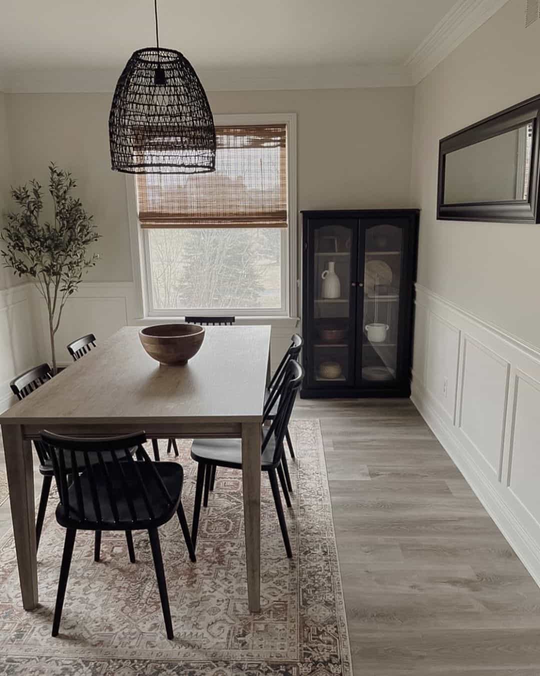 Black China Cabinet And White Chair Rail Molding Soul Lane black-china-cabinet-and-white-chair-rail-molding-soul-lane