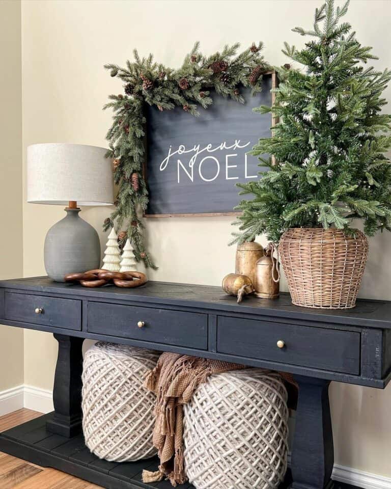 Black Console Table with Wicker Tree Basket Décor