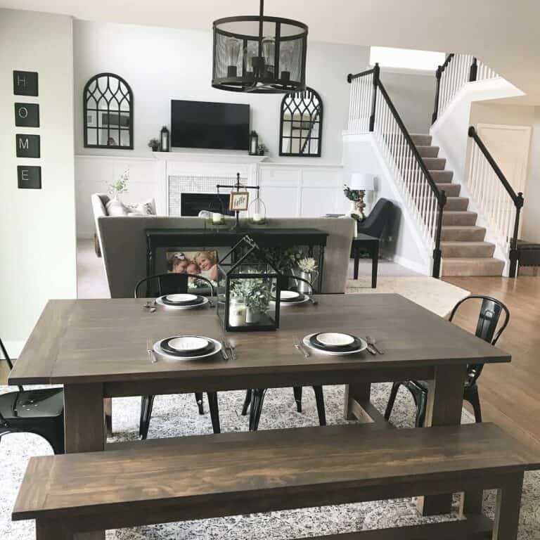 Black Dining Room Accents and a Dark Wood Bench
