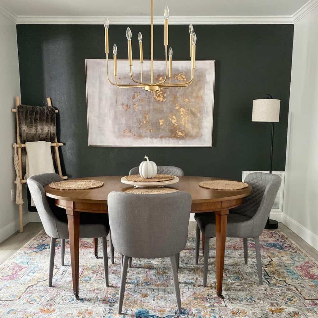 Black Dining Room with Gold Chandelier