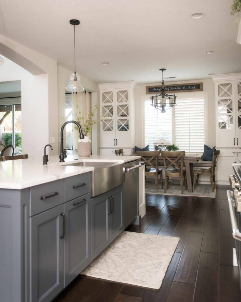 Black Gooseneck Faucet on a Light Grey Kitchen Island