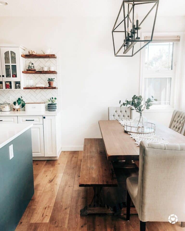 Black Lantern Pendant Over a Table and Bench - Soul & Lane